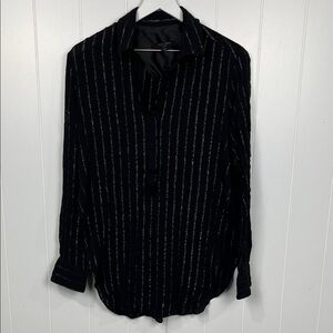 All Saints Womens Blouse L Black Gold Metallic Thread Pullover Side Slits Fancy